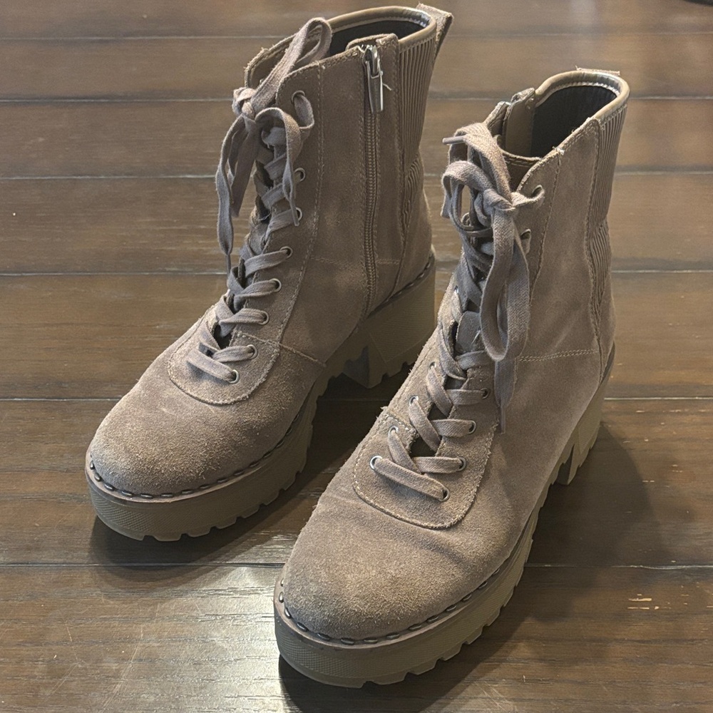 Vince Camuto Taupe Suede Lace-Up/Side Zip Boots